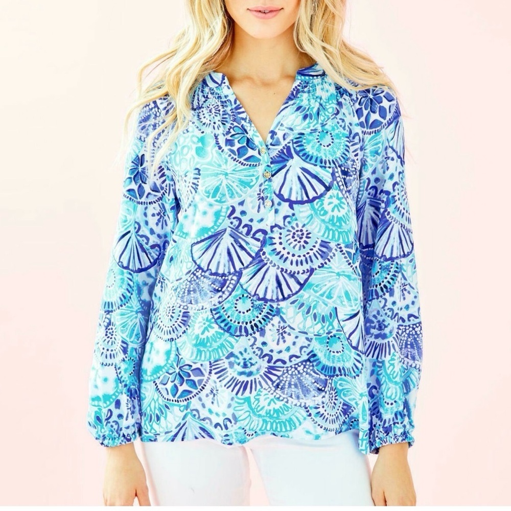 Lily Pulitzer Elsa Silk Top Blue Shell Print Gold Buttons Blouse Long Sleeve